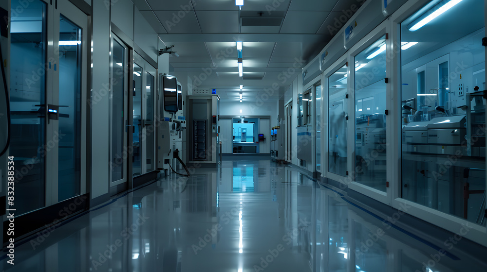 A large, sterile laboratory with a lot of white equipment and counters A large, sterile laboratory with a lot of white equipment and counters