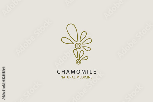 Chamomile flower natural medicine logo design. Linear style herbal vector graphic.