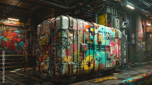 Colorful suitcases with graffiti art in an urban setting for travel or urban-themed designs
