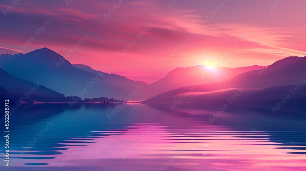 Stunning sunset over serene mountain lake with vibrant colors in the sky and peaceful water reflections. Tranquil nature landscape photo. Stunning sunset over serene mountain lake with vibrant colors in the sky and peaceful water reflections. Tranquil nature landscape photo.