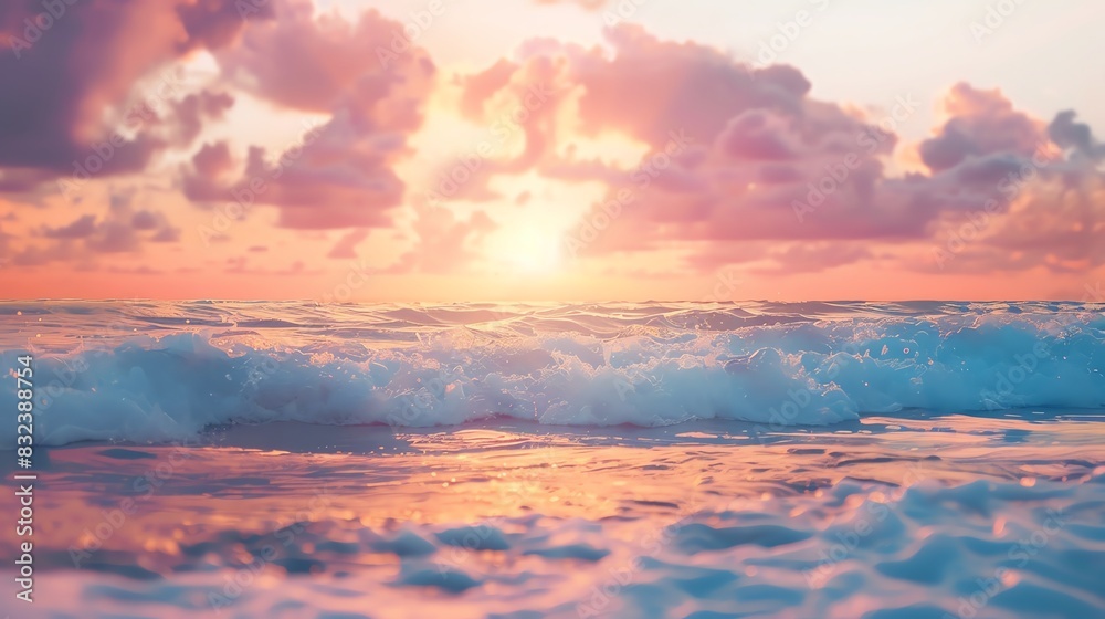 Stunning sunset over the ocean with vibrant clouds and serene waves, capturing the tranquility and beauty of nature's twilight.