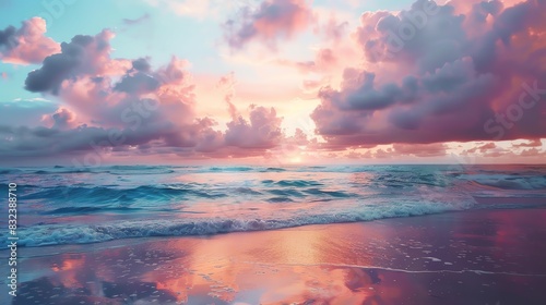 Stunning sunset over a tranquil beach, featuring pink and purple clouds reflecting on the water, creating a serene and peaceful atmosphere.