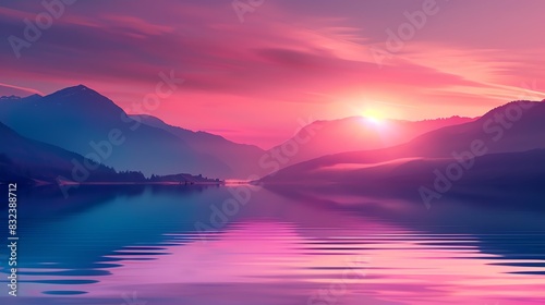 Stunning sunset over serene mountain lake with vibrant colors in the sky and peaceful water reflections. Tranquil nature landscape photo.