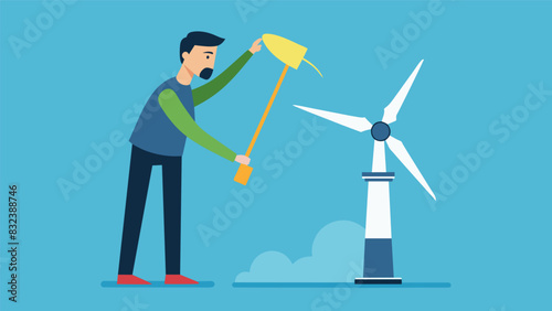 An instructor demonstrating the proper technique for repairing a damaged blade on a wind turbine.. Vector illustration