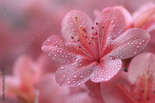 A close up of a pink flower with droplets of water on it