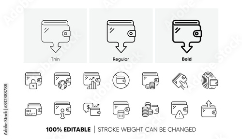 Money transfer, Credit card payment, Withdraw funds icons. Wallet line icons. Cash purse, Fingerprint access and online Wallet. Money commerce, Deposit transfer and Calculate cash budget. Vector
