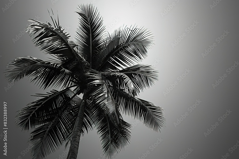 A palm tree is the main focus of the image, with its trunk A palm tree is the main focus of the image, with its trunk