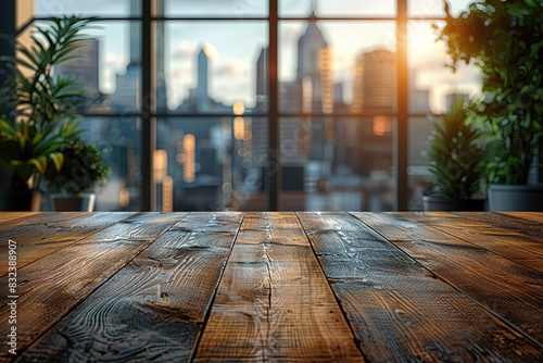 A wooden table with a view of a city skyline