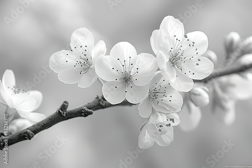 A close up of a branch with white flowers