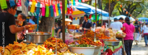A vibrant street food market with diverse vendors, colorful dishes, and a lively atmosphere. Captures the essence of local cuisine.