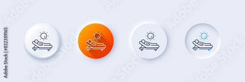 Lounger line icon. Neumorphic, Orange gradient, 3d pin buttons. Beach sunbed sign. Summer vacation symbol. Line icons. Neumorphic buttons with outline signs. Vector