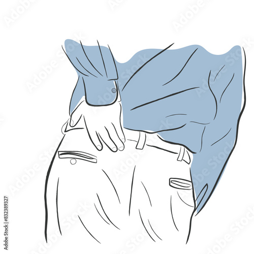 Hand drawn line art vector of a man suffering from shortness of breath, heart congestion and exhaustion due to back ache.