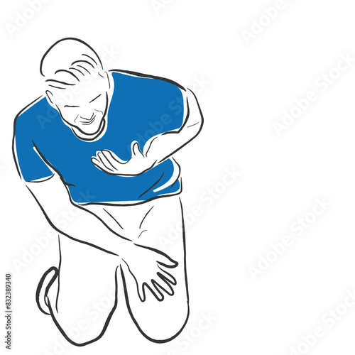hAND DRAWN LINE ART VECTOR OF A MAN SHOWING SIGNS OF CARDIAC ARREST. sHORTNESS OF BREATH AND CHEST PAIN