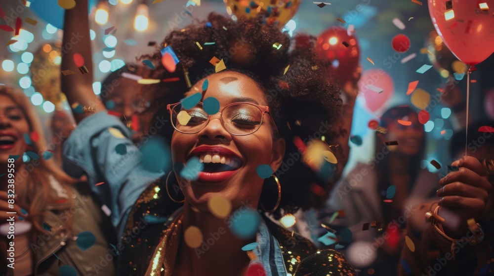 Beautiful sexy woman with group of friends celebrating at party, with confetti and balloons in the air, Enjoy the party. Beautiful sexy woman with group of friends celebrating at party, with confetti and balloons in the air, Enjoy the party.