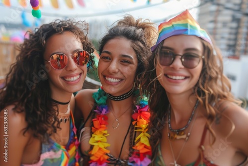 young women smiling brightly, dressed in colorful outfits with pride-themed accessories, including rainbow leis and hats. Celebrating pride and friendship at an outdoor festival with joy and laughter.