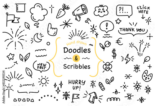 Line doodle decoration design elements. Arrow, bubble, star, hand decoration. Abstract art background vector.