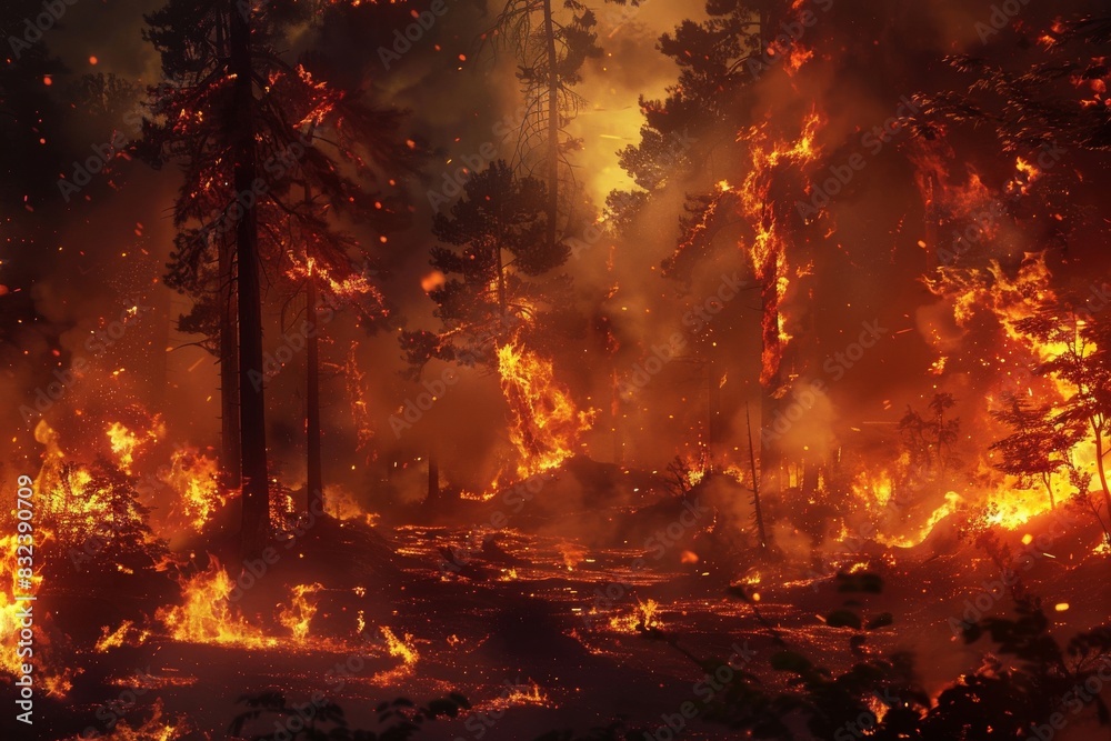 Burning forest devoured by intense wildfire - catastrophic impact on wildlife and ecosystems Burning forest devoured by intense wildfire - catastrophic impact on wildlife and ecosystems