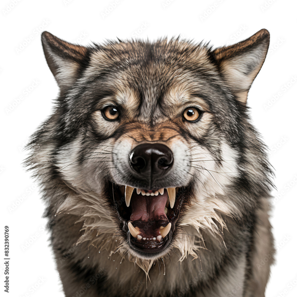 Fototapeta premium Close up face of angry gray wolf, transparent background