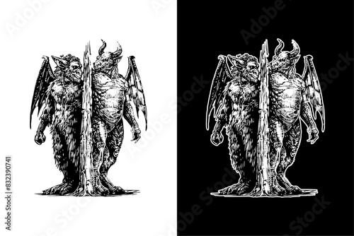 two devils, hand drawn woodcut engraving style vintage antique vector illustration