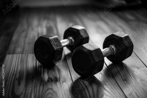 Dumbbells on the ground: workout plan for health and fitness photo