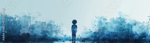 Watercolour artwork featuring a solitary tot strolling away, created using AI technology. photo