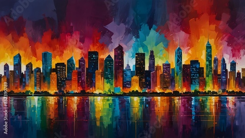 The vibrant energy of a city skyline brought to life with bold strokes of colorful paints ai_generated