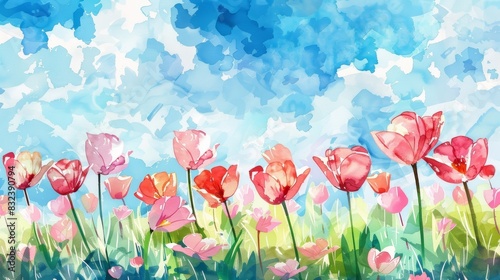 Watercolor painting depicting a vibrant tulip garden with colorful flowers against a sunny backdrop.