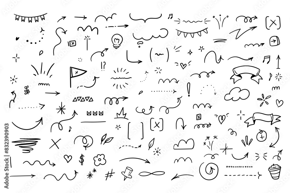 Set of doodle decoration design elements. Arrow, star, heart brush decoration. Set of doodle decoration design elements. Arrow, star, heart brush decoration.