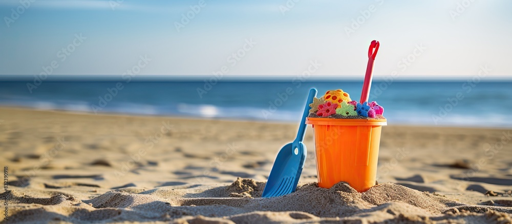 Toy bucket and shovel on the beach plenty of copy space Toy bucket and shovel on the beach plenty of copy space