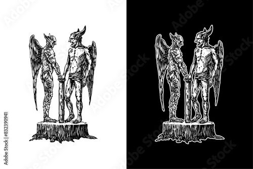 two demons facing each other, hand drawn woodcut engraving style vintage antique vector illustration