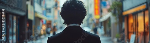 A young man wearing a suit with his back turned towards the camera. photo
