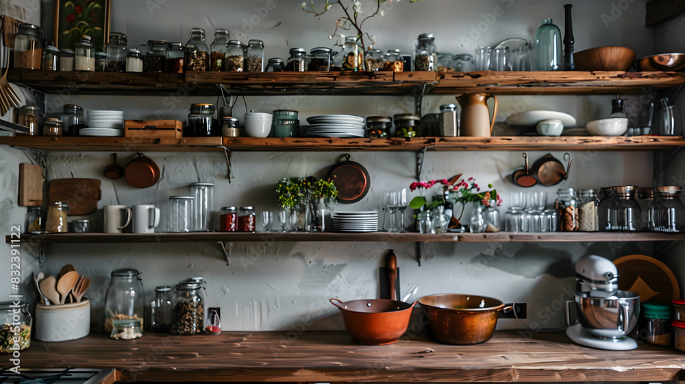 A kitchen with a lot of items on the shelves and counter A kitchen with a lot of items on the shelves and counter