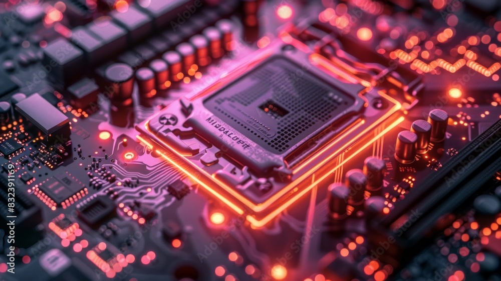 Fototapeta premium A computer chip is lit up in red