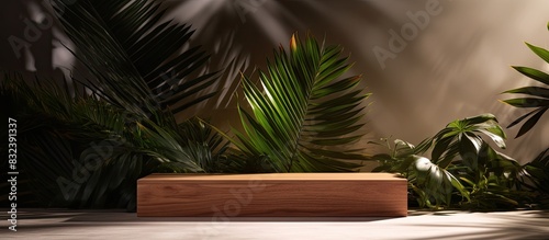 Natural wood podium with tropical leaves shadow in the background Beautiful background from natural materials. copy space available