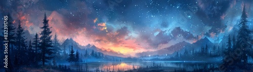 Imaginative painting of a celestial night and woodland.
