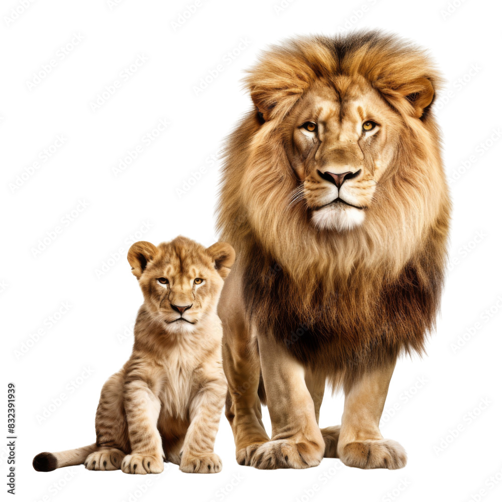 Big lion and little cute lion cub isolated on transparent or white background Big lion and little cute lion cub isolated on transparent or white background