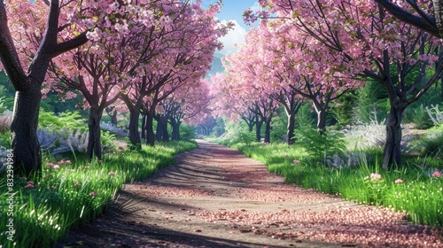 Cherry blossom tree flowers along the path in the park