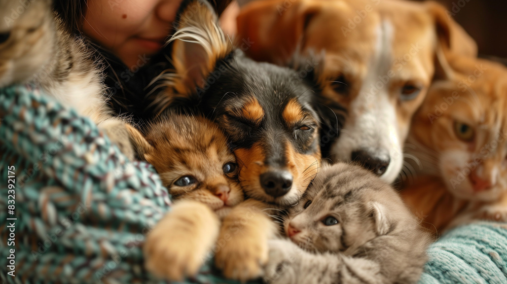 A woman hugging her pets - dogs and cats A woman hugging her pets - dogs and cats