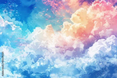 A vibrant and dreamy watercolor painting featuring a whimsical sky filled with fluffy clouds.