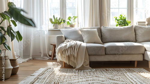 A living room with a white rug, a couch, a coffee table, and a potted plant © JuroStock
