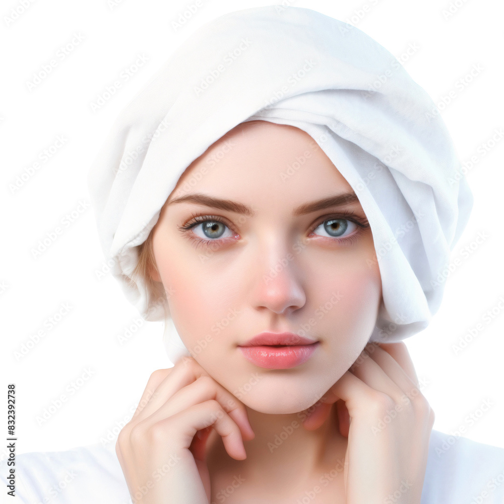 Portrait of smiling woman with white towel on her head, isolated on transparent background Portrait of smiling woman with white towel on her head, isolated on transparent background