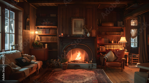A cozy living room with a fireplace and a chair