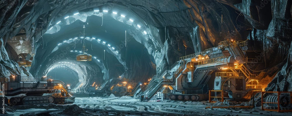 Futuristic subterranean cave with advanced mining equipment and glowing technology, cool hues, scifi, 3D rendering, innovative and industrial,