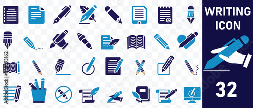 Writing icon set. Containing pen, write, pencil, note, edit, writer, document, nib, text and more. Solid vector icons collection.