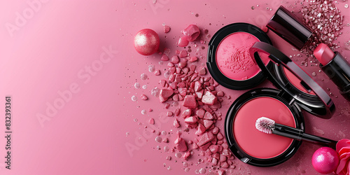 Beauty products makeup cosmetics. Place for text. Pink background, copy space. Top view. Creative design template banner Background wallpaper poster  header social media post. Generative Ai content photo