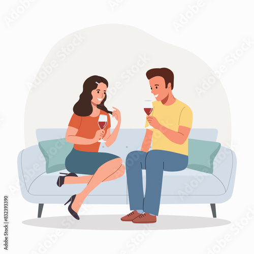 Young man and woman talking, flirting, whispering secrets, telling news with glasses of wine on the sofa. Flat style cartoon vector illustration.