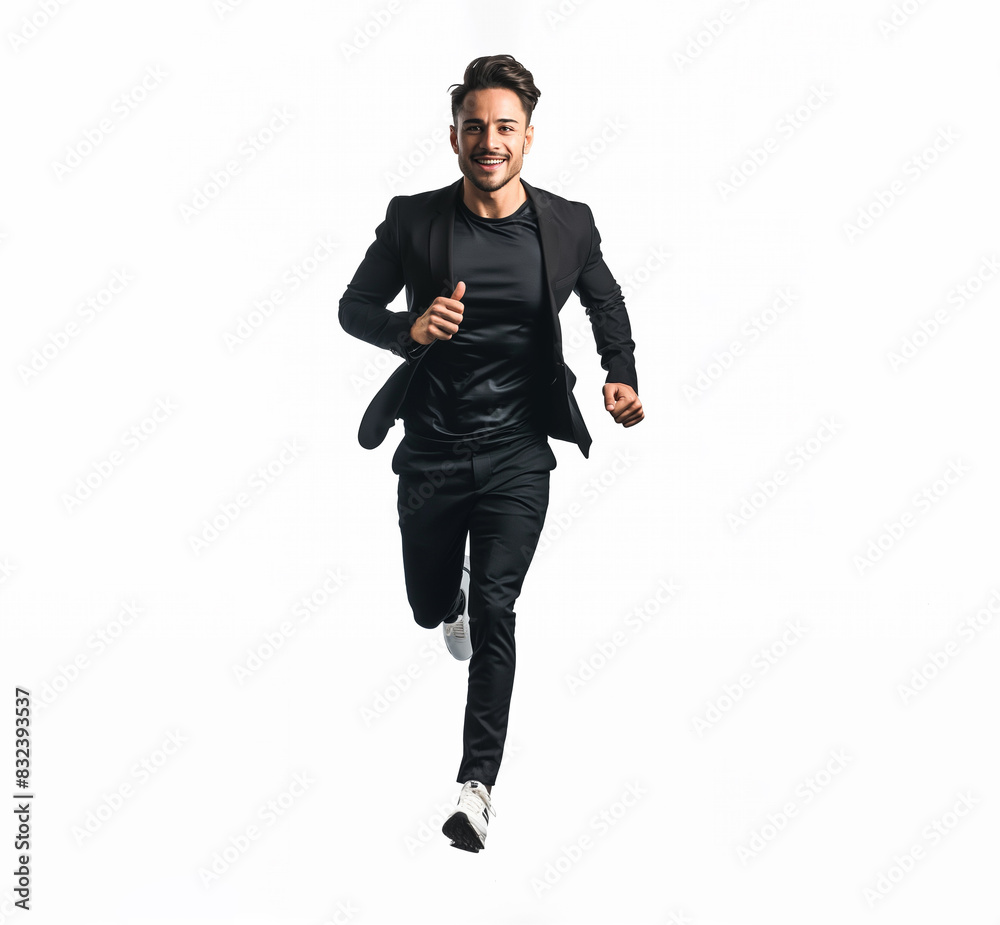 30s hispanic man, modern businessman running, front view, isolated on white. 30s hispanic man, modern businessman running, front view, isolated on white.
