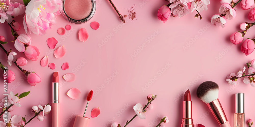 Beauty products makeup cosmetics. Place for text. Pink background, copy space. Top view. Creative design template banner Background wallpaper poster  header social media post. Generative Ai content