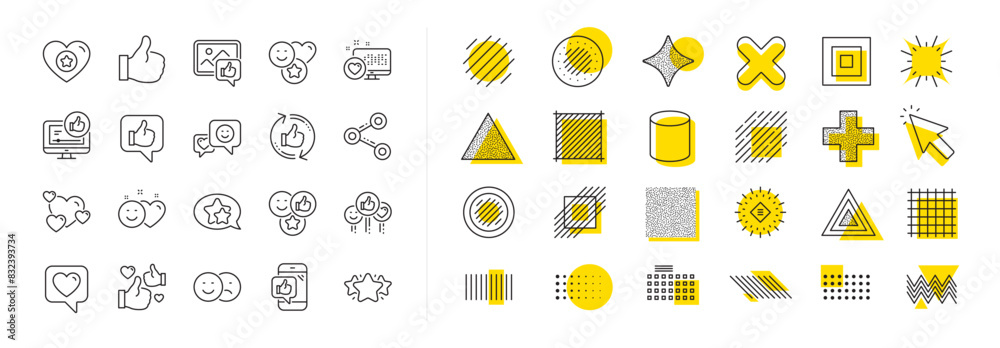 Set - Share network, Social links and Rating linear icons. Design shape elements. Social media line icons. Heart, Feedback smile emotion and internet media. Vector