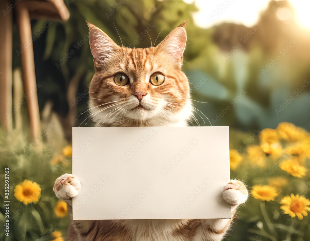 Cat holding a blank sign. Orange and white fur. Background of greenery and yellow flowers. Outdoors in the summer. Suitable for advertising, announcements or as a template. Cat holding a blank sign. Orange and white fur. Background of greenery and yellow flowers. Outdoors in the summer. Suitable for advertising, announcements or as a template.